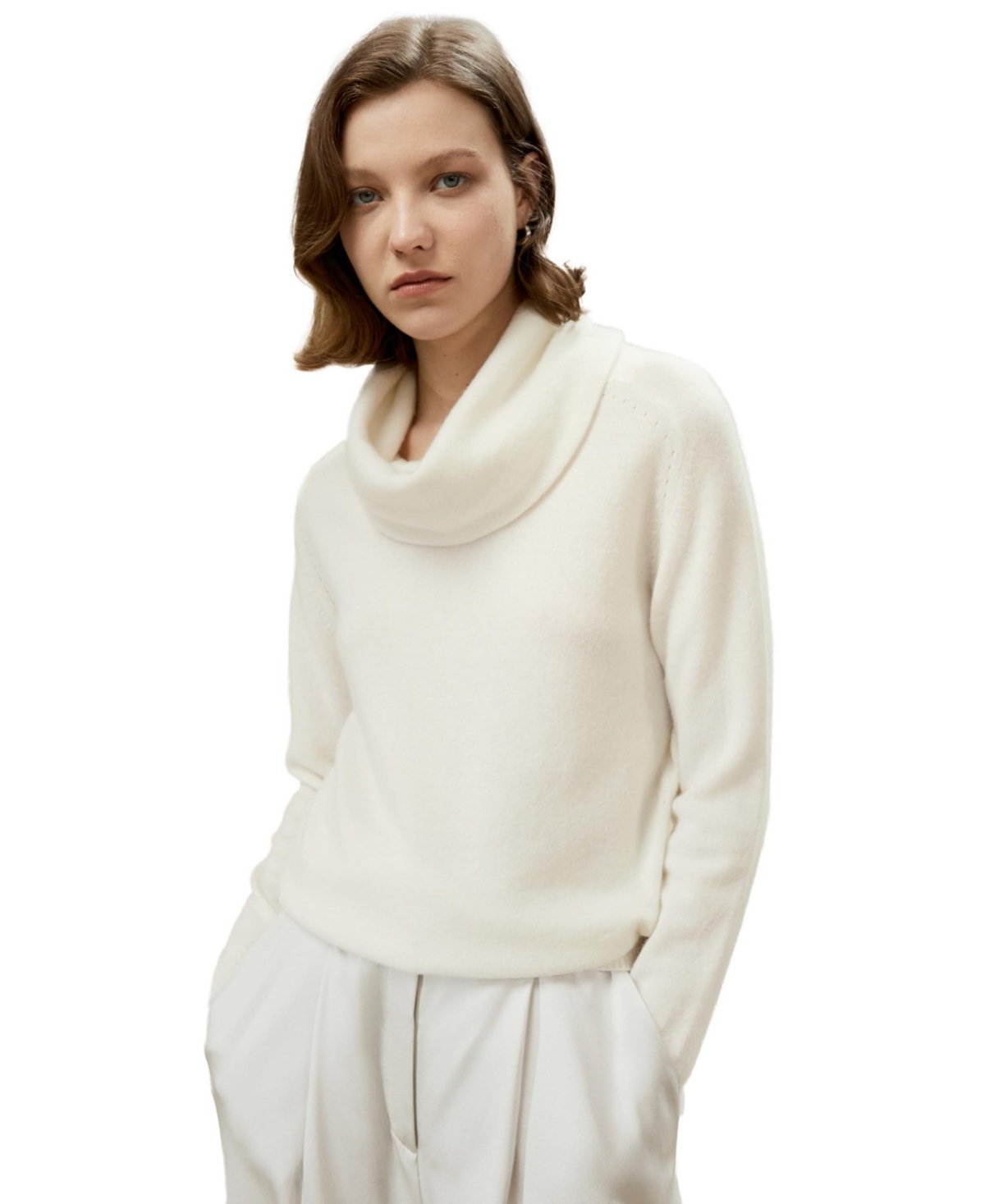 Cashmere Cowl Neck Sweater for Women - White