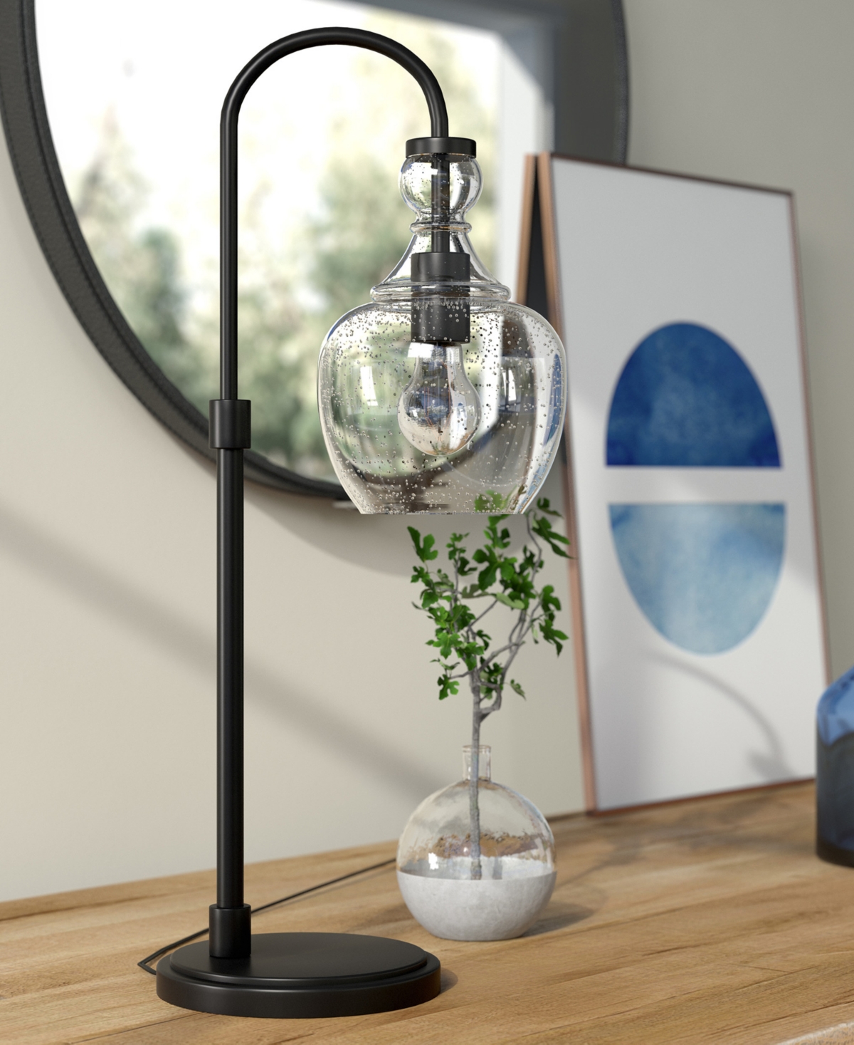Hudson & Canal Verona 27" Tall Arc Table Lamp With Glass Shade In Blackened Bronze