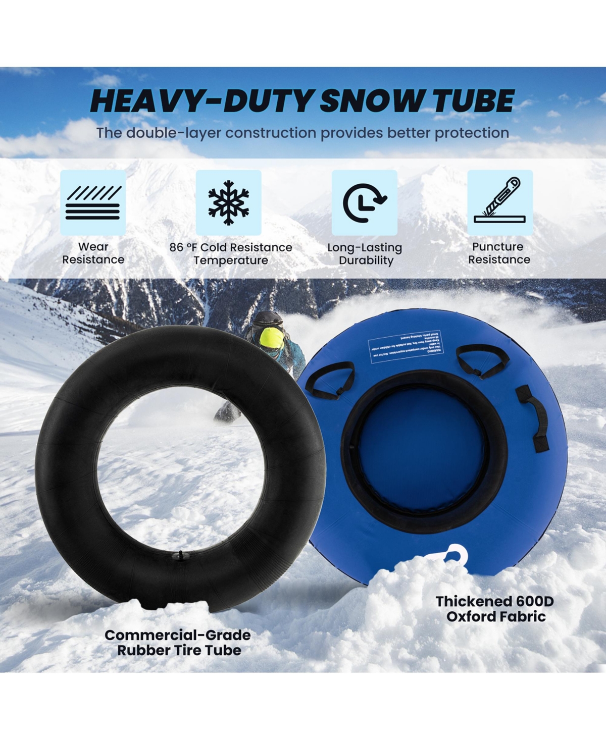 Costway Heavy-Duty Inflatable Snow Tube for Sledding with Tire Pump & Tow Strap