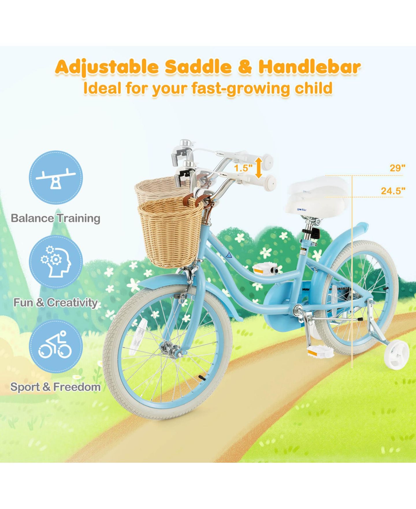 Детская игрушка Costway 18" Kids' Bike with Removable Training Wheels, Adjustable Handlebar and Seat, Ages 4-8, цвет: Синий — фото 7