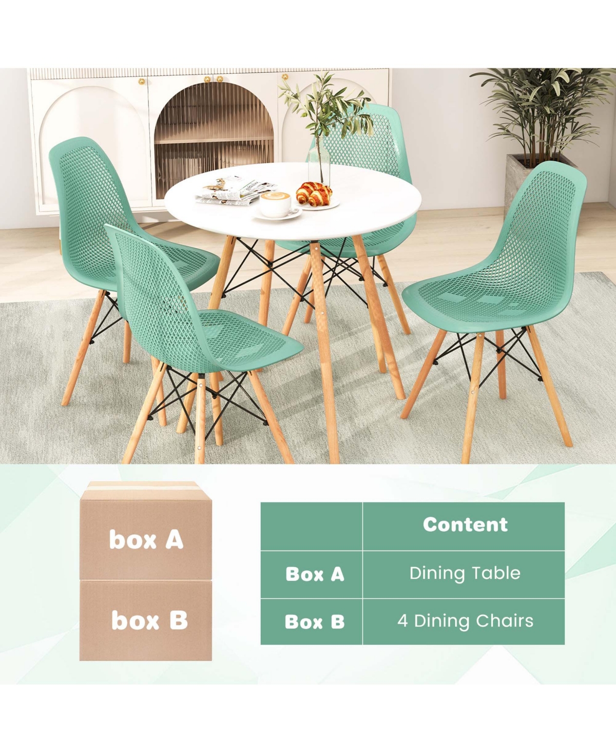 Costway 5 Pcs Dining Table Set for 4 Persons Modern Round Table & 4 Chairs with Wood Leg