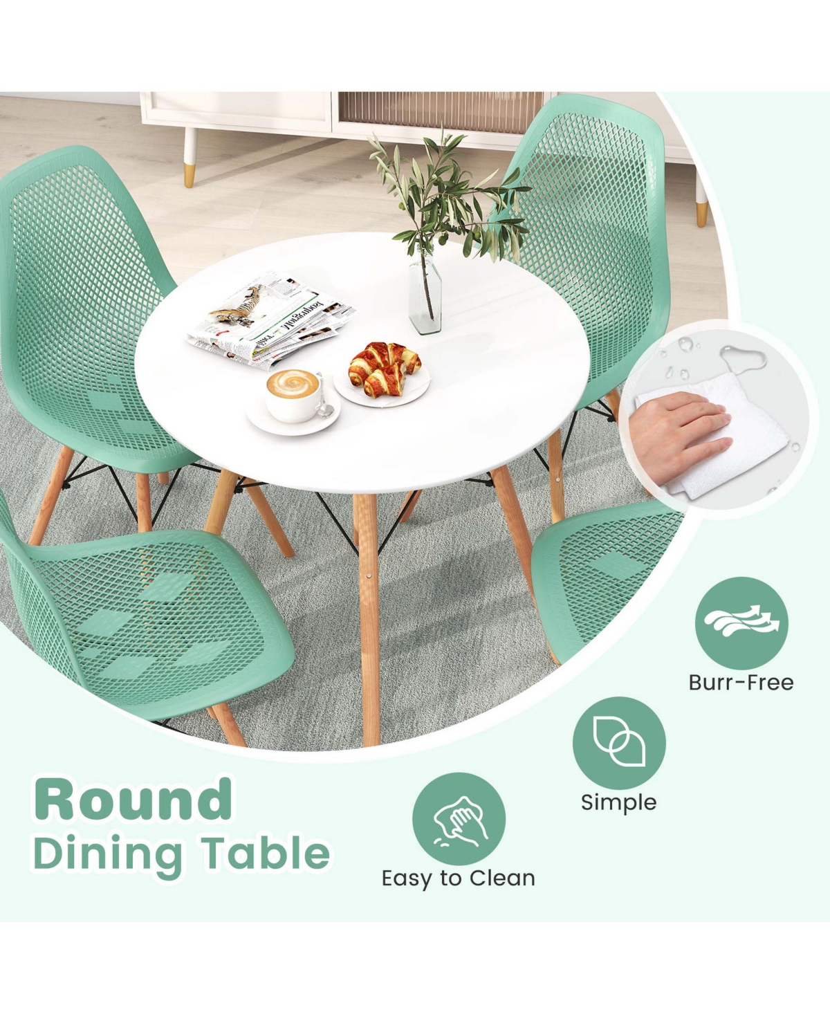 Costway 5 Pcs Dining Table Set for 4 Persons Modern Round Table & 4 Chairs with Wood Leg