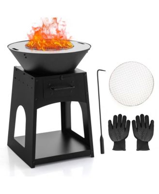 24" Heavy Duty Fire Pit with firewood rack Fire Poker Gloves Grilling Rack Outdoor