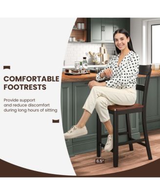 Wooden Bar Stool Set of 2 Bar Chairs with LVL Rubber Wood Frame, Backrest, Footrest