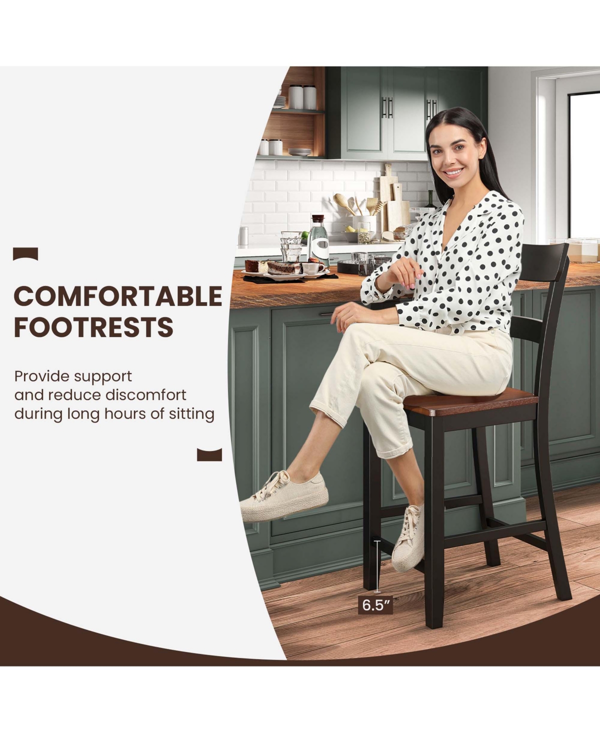 Costway Wooden Bar Stool Set of 2 Bar Chairs with Lvl Rubber Wood Frame, Backrest, Footrest