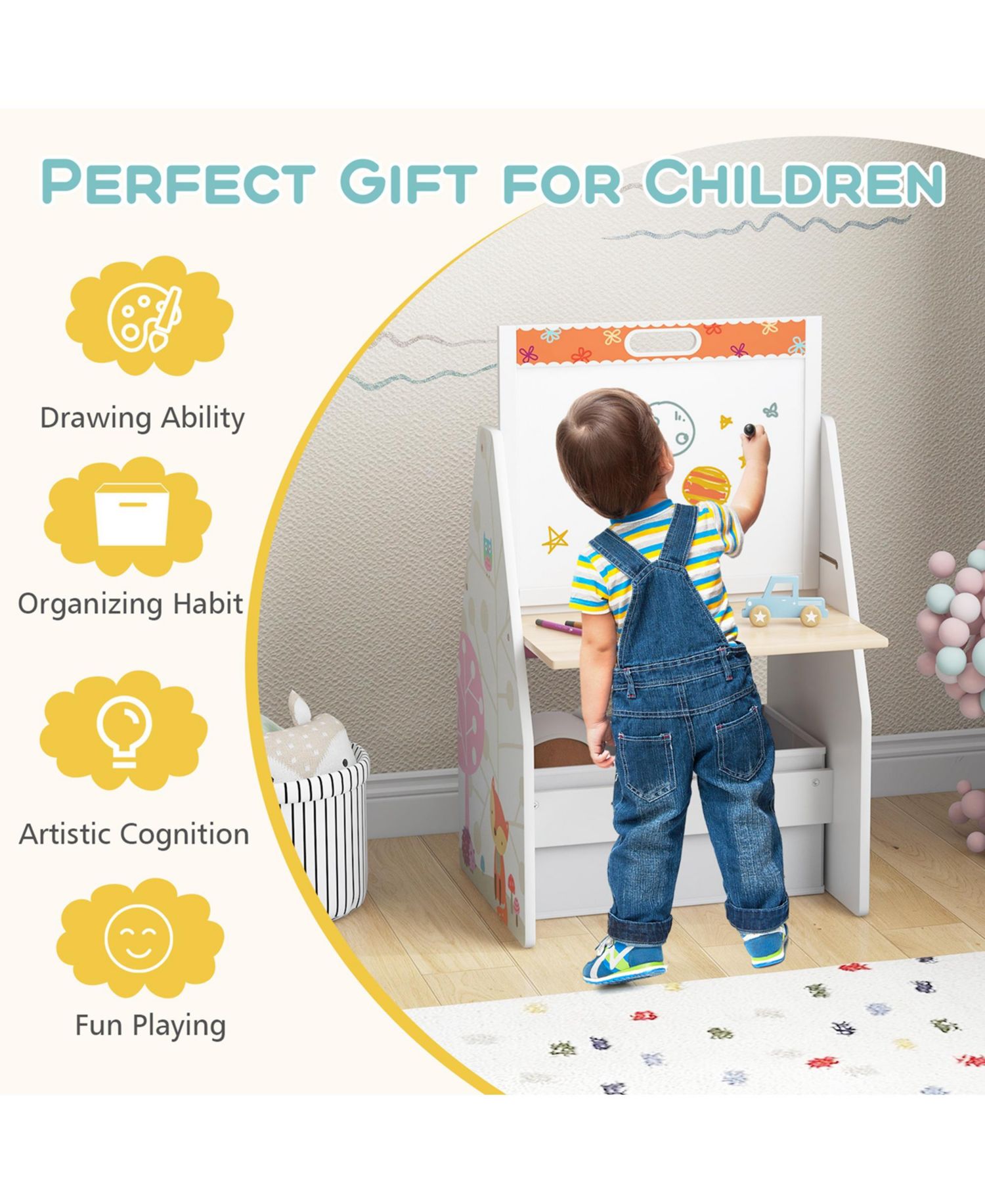 Kids Table & Chair Set with Rotatable Double-sided Magnetic Blackboard & Whiteboard