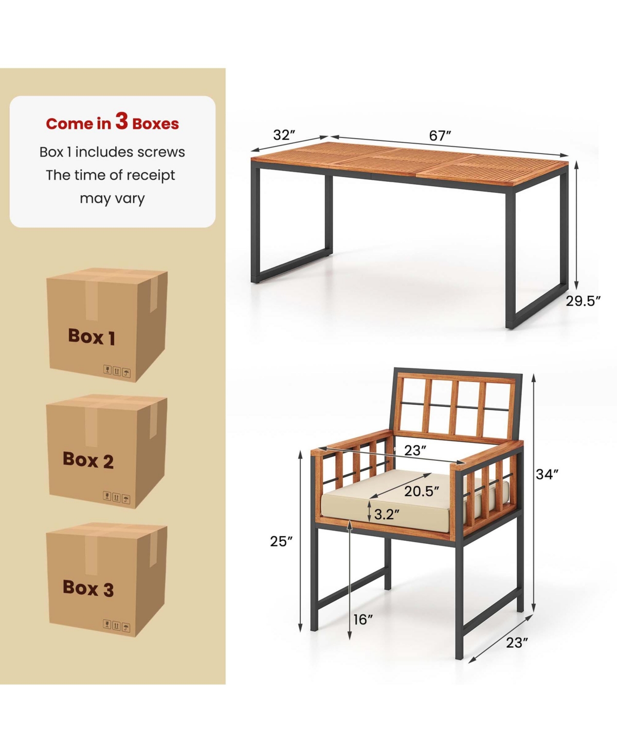Costway 7 Pcs Patio Dining Set Outdoor Acacia Wood Table with Soft Cushions Umbrella Hole
