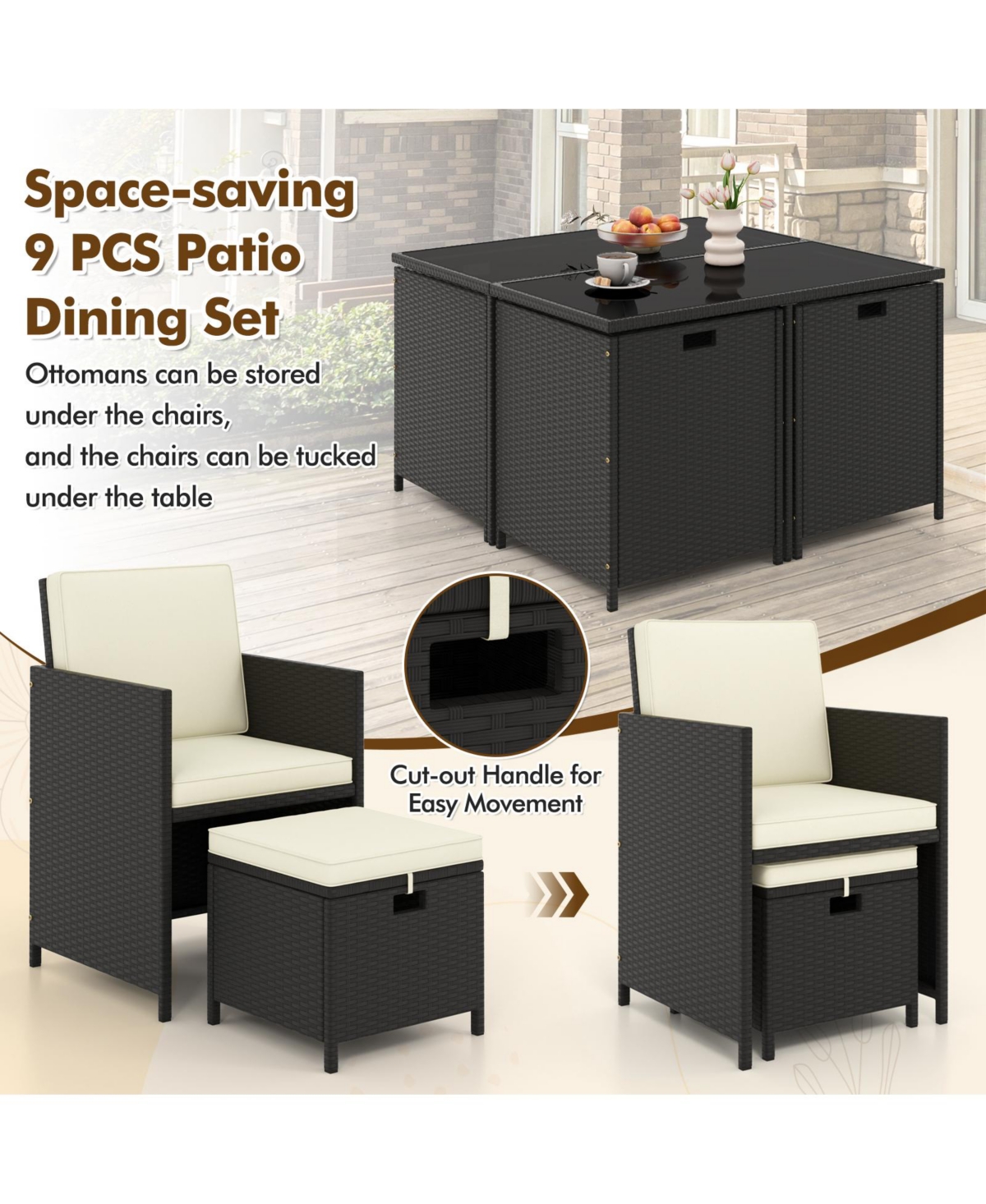 Costway 9 Pcs Outdoor Dining Furniture Set Patio Conversation Set with Cushioned Seat