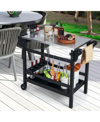 Movable Outdoor Dining Cart Table with Stainless Steel Tabletop, Seasoning Tray