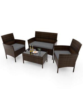 4 Pc. Patio Furniture Set with Washable Cushions and Tempered Glass Coffee Table