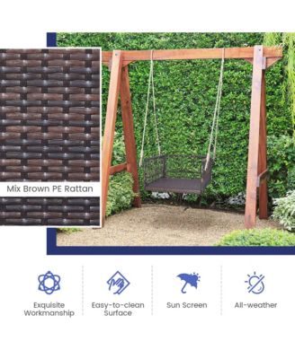 Porch Swing Chair Rattan Woven Hanging Bench Seat with Cushions Hooks Balcony Navy