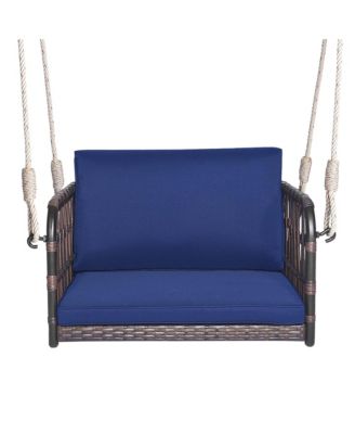 Porch Swing Chair Rattan Woven Hanging Bench Seat with Cushions Hooks Balcony Navy