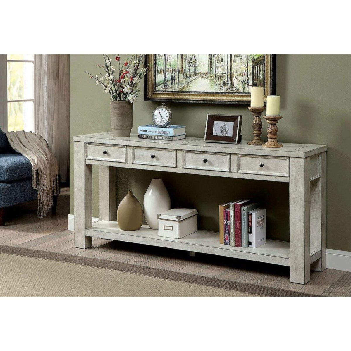 Streamdale Furniture White Rustic Solid Wood Sofa Table with Open Shelf Storage