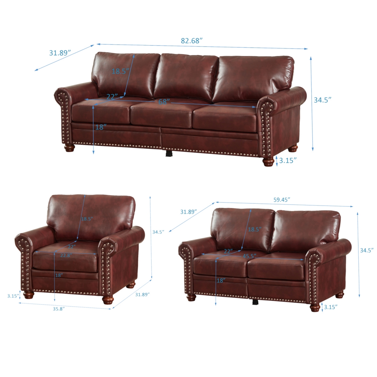 Streamdale Furniture Living Room Sofa With Storage Sofa 1+2+3 Sectional Burgundy Faux Leather