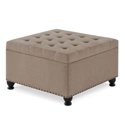 Linen Upholstered Storage Ottoman/coffee table with Wooden Legs