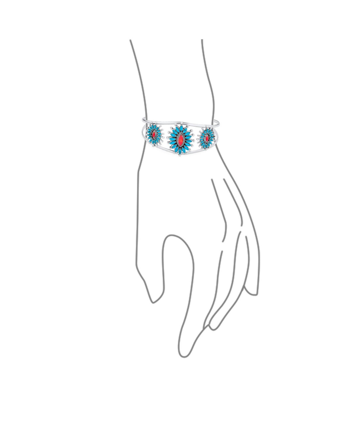 Bling Jewelry South Western Navajo Style Orange Red Coral Blue Natural Turquoise Zuni Needlepoint Jewelry Flower Blossom Wide Cuff Bracelet Sterling