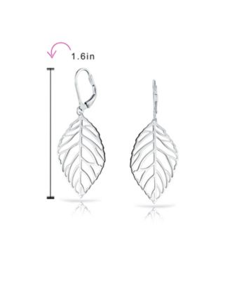Large Tribal Nature Style Lightweight Open Leaf Feather Drop Dangle Lever Back Earrings Sterling Silver
