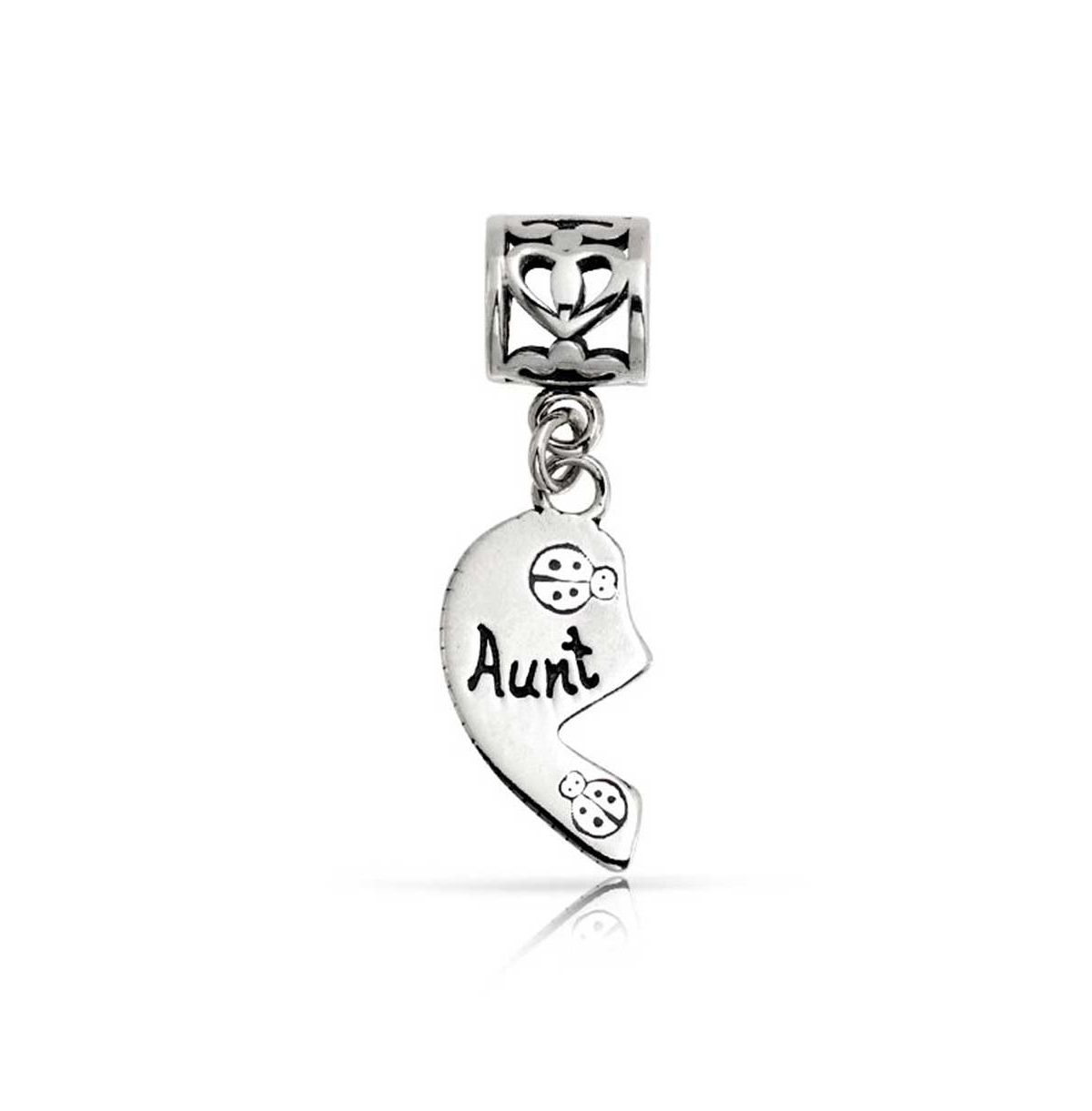 Bling Jewelry Bff Ladybug Puzzle Two Piece Split Heart Shape Words Aunt Niece Dangle Bead Charm Oxidized SterlingFits European Bracelet - Silv