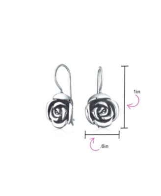 Rose Flower Drop Earrings French Wire Black Oxidized Sterling Silver