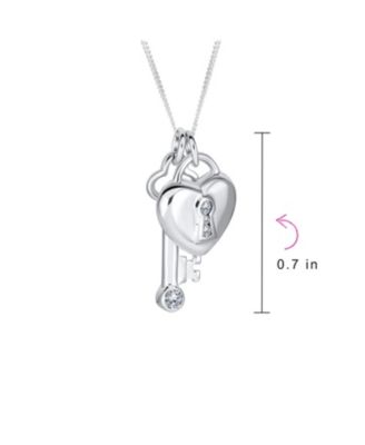 Love Lock And Key Heart CZ Accent Charm Pendant Necklace Sterling Silver