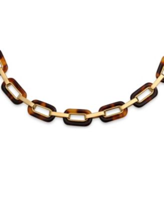 Fashion Golden Brown Oval Link Faux Tortoise Shell Collar Necklace Gold Plated Stainless Steel Chain Toggle Clasp