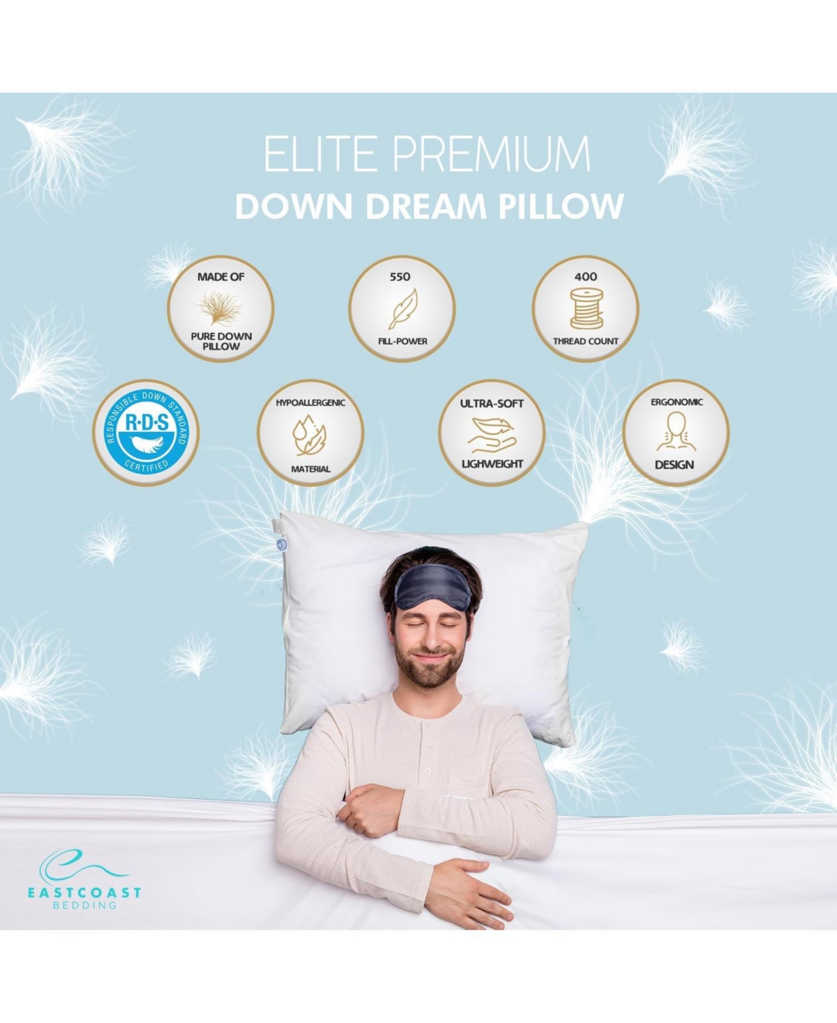 East Coast Bedding Soft Down Pillow 600 Fill Power Standard Size Set of 2