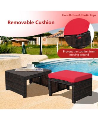 Set of 2 Rattan Ottoman Footrest Footstool Patio Furniture w/ White Cushion