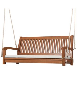 2-Person Hanging Porch Swing Wood Bench with Cushion Curved Back Outdoor Natural
