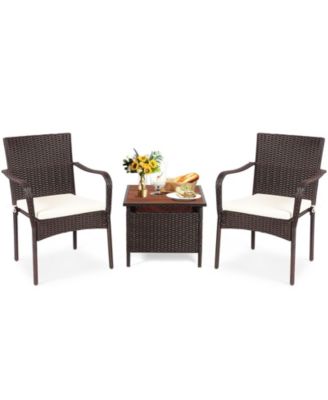 3 Pieces Patio Rattan Furniture Bistro Set with Wood Side Table and Stackable Chair