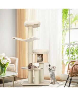 4-Layer 68.5-Inch Wooden Cat Tree Condo Activity Tower with Sisal Posts-Natural