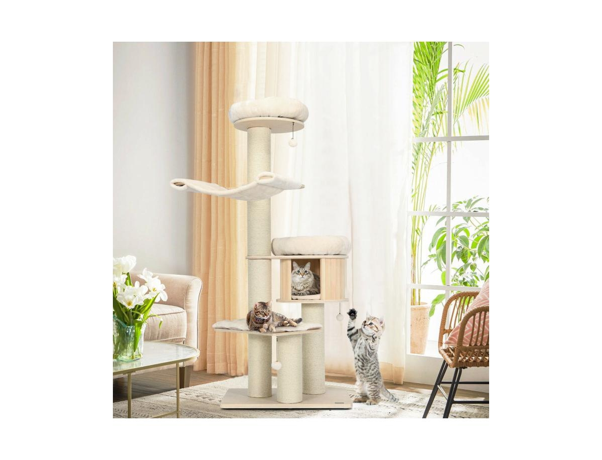 Slickblue 4-Layer 68.5-Inch Wooden Cat Tree Condo Activity Tower with Sisal Posts- Natural
