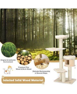 4-Layer 68.5-Inch Wooden Cat Tree Condo Activity Tower with Sisal Posts-Natural