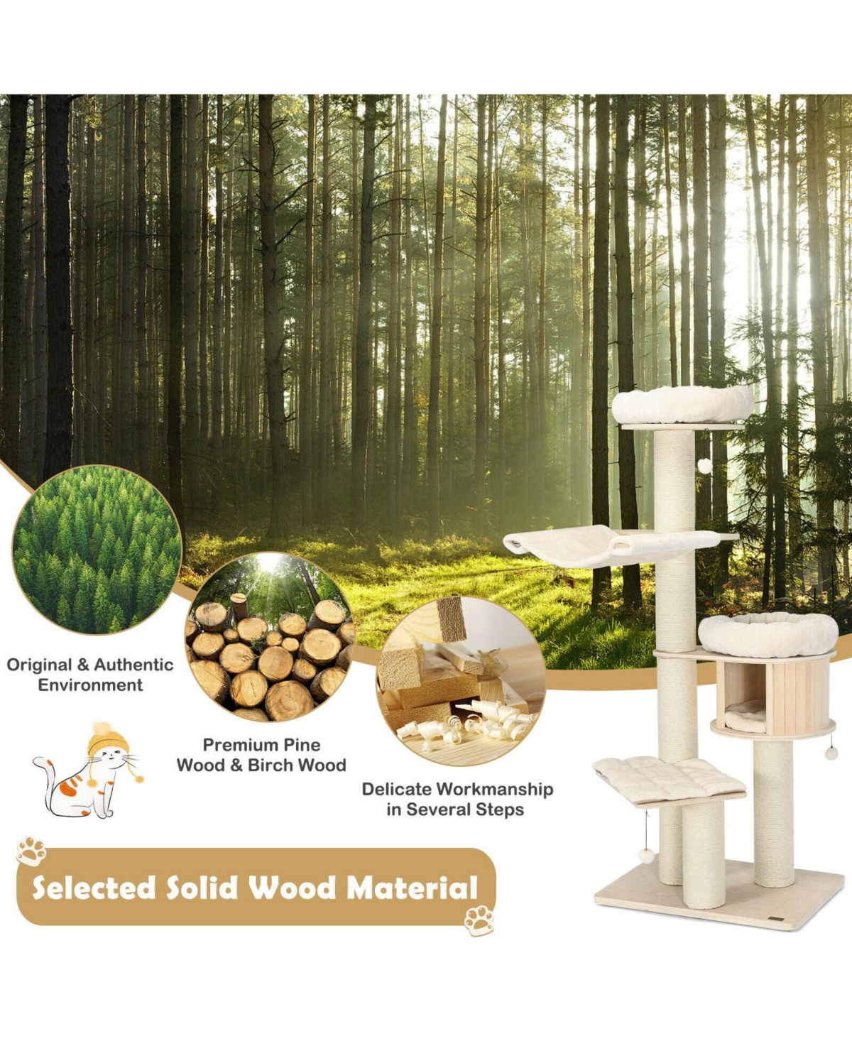 Slickblue 4-Layer 68.5-Inch Wooden Cat Tree Condo Activity Tower with Sisal Posts- Natural