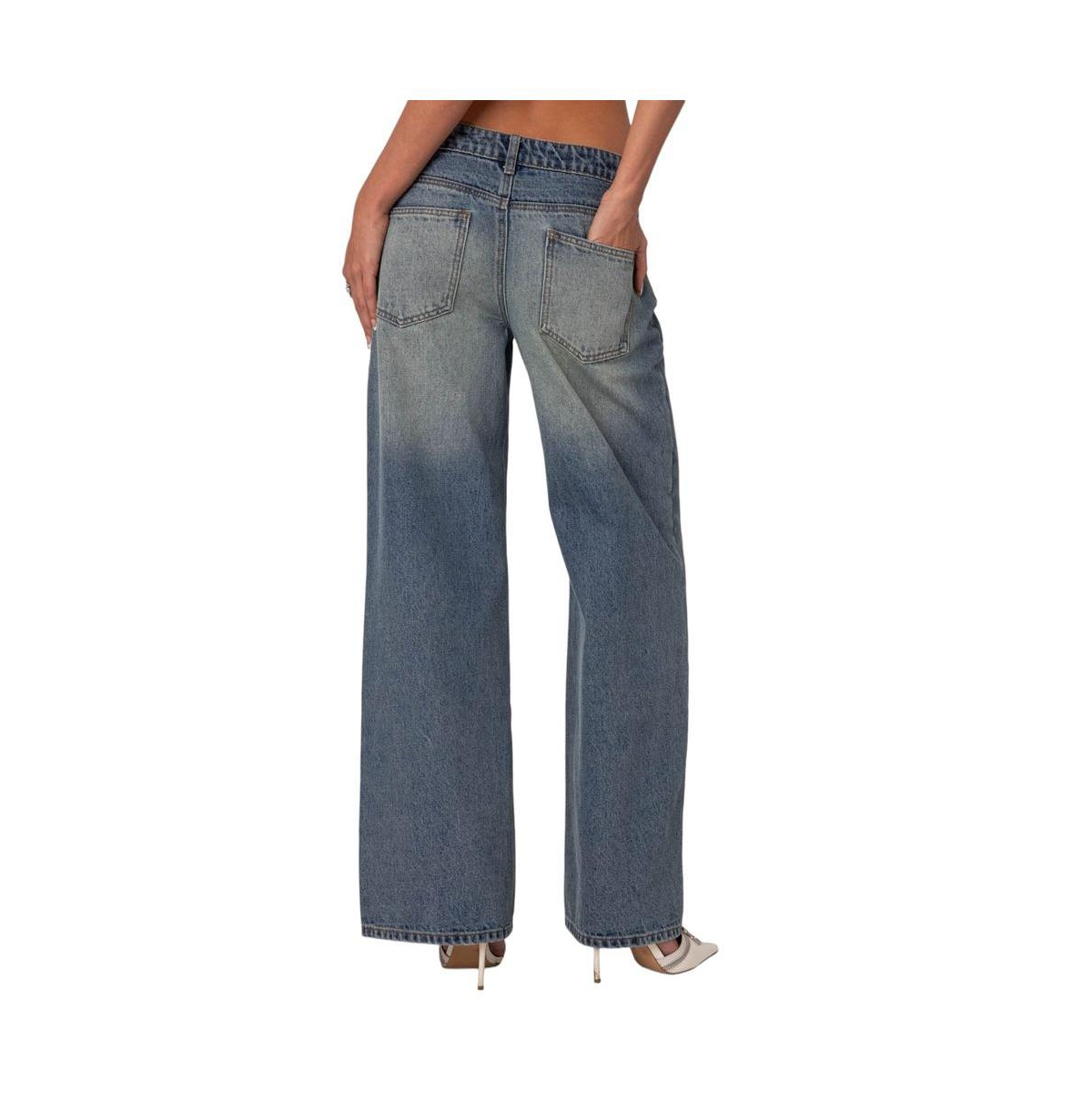 Edikted Women's Magda Low Rise Acid Wash Jeans - Blue-vintage-washed