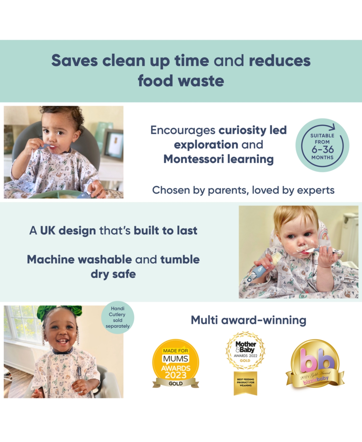 Bibado Short Sleeve Feeding Bibs ages 6-36 Stain Free Clothing 100% Waterproof & Easy-Wipe Material - Desert hide and seek