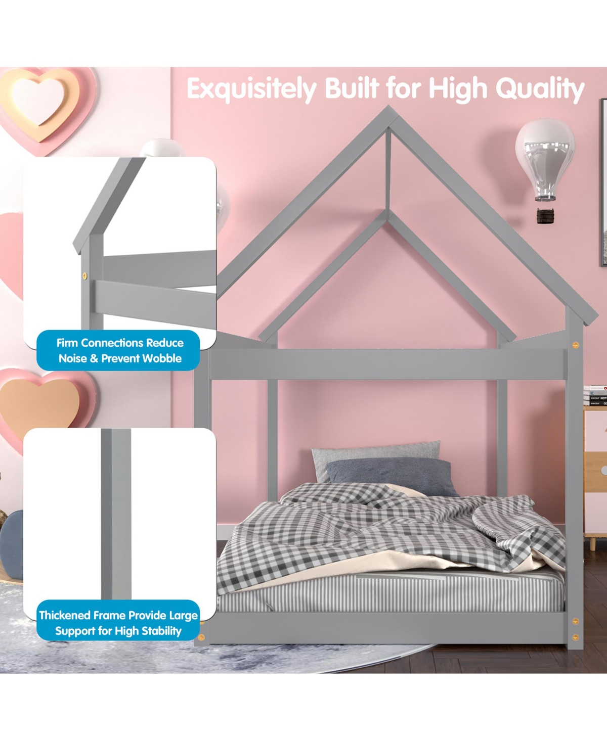 Costway Twin House Bed Wood Frame with Roof for Kids Toddler Box Spring