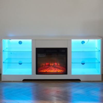 Modern Electric Fireplace TV Stand with Glass Shelves