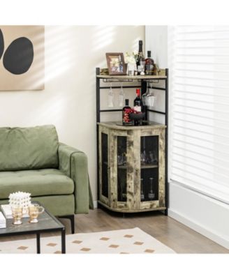 Industrial Corner Bar Cabinet with Glass Holder and Adjustable Shelf