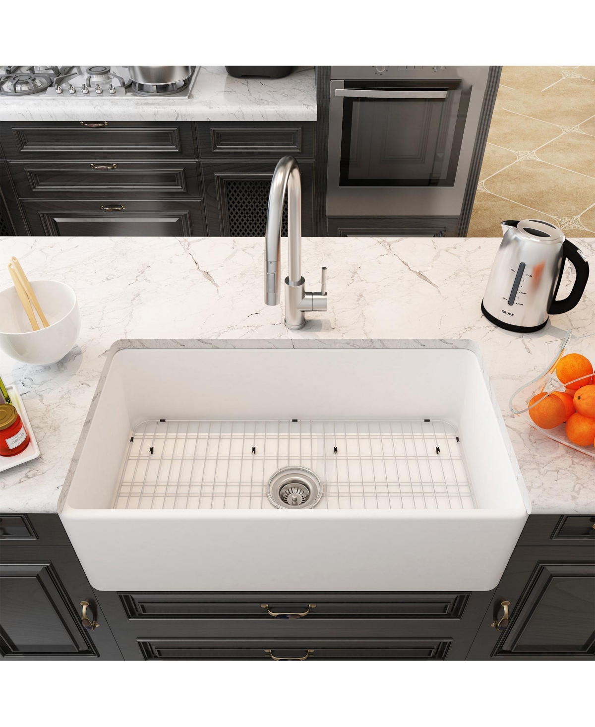 Mondawe Farmhouse in. single bowl fireclay kitchen sink comes with stainless steel bottom grid and strainer