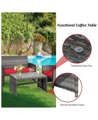 4 Pieces Patio Rattan Furniture Set with Glass Table and Loveseat
