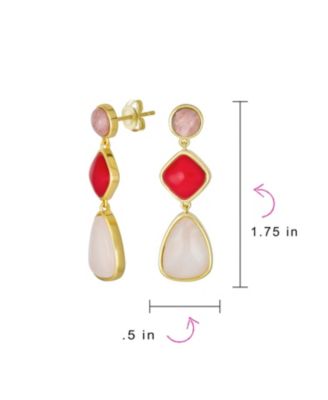 Unique Long Round Square Teardrop Shape 3 Multi-Tier Summer Party Red Peach Pink Synthetic Quartz Dangling Earrings Gold Plated