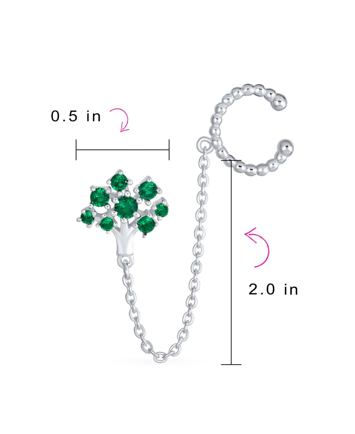 Bling Jewelry Helix Chain Cable Ear Cuff Cartilage Earlobe CzFamily Tree of Life Earrings For Women Sterling Silver - Green