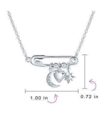 Support Symbol CZ Accent Moon Heart Star Charms Sideways Celestial Safety Pin Necklace Pendant Sterling Silver