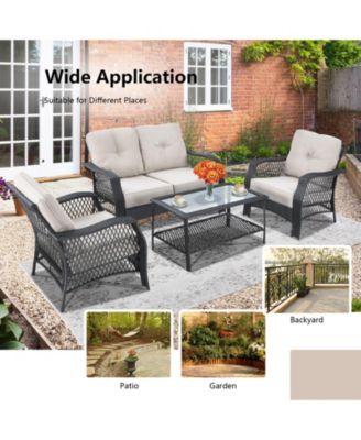 4 Pieces Patio Wicker Furniture Conversation Sets with Coffee Table and Cushions