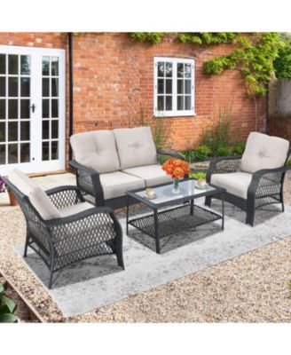 4 Pieces Patio Wicker Furniture Conversation Sets with Coffee Table and Cushions