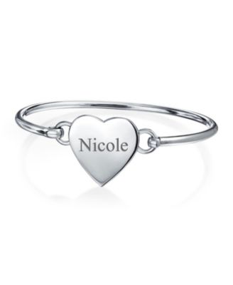 Heart Shaped Name Plated Bar Identification Tag ID Bangle Bracelet Sterling Silver Strong Hinge