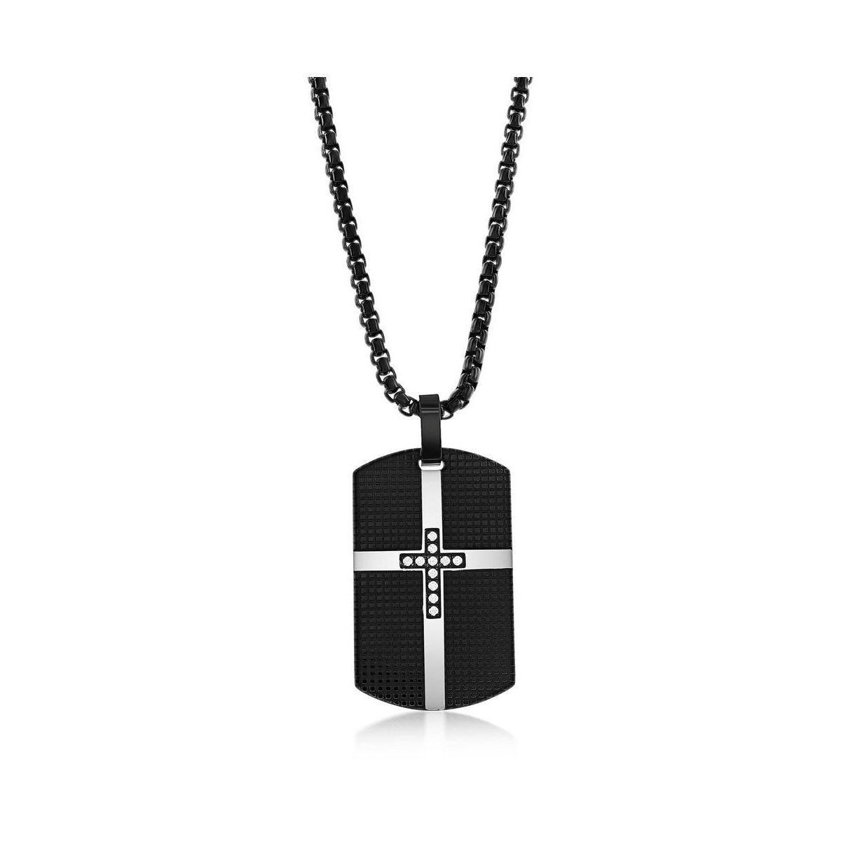 Stainless Steel Black Plated Cross Dog Tag Cz Necklace - Black