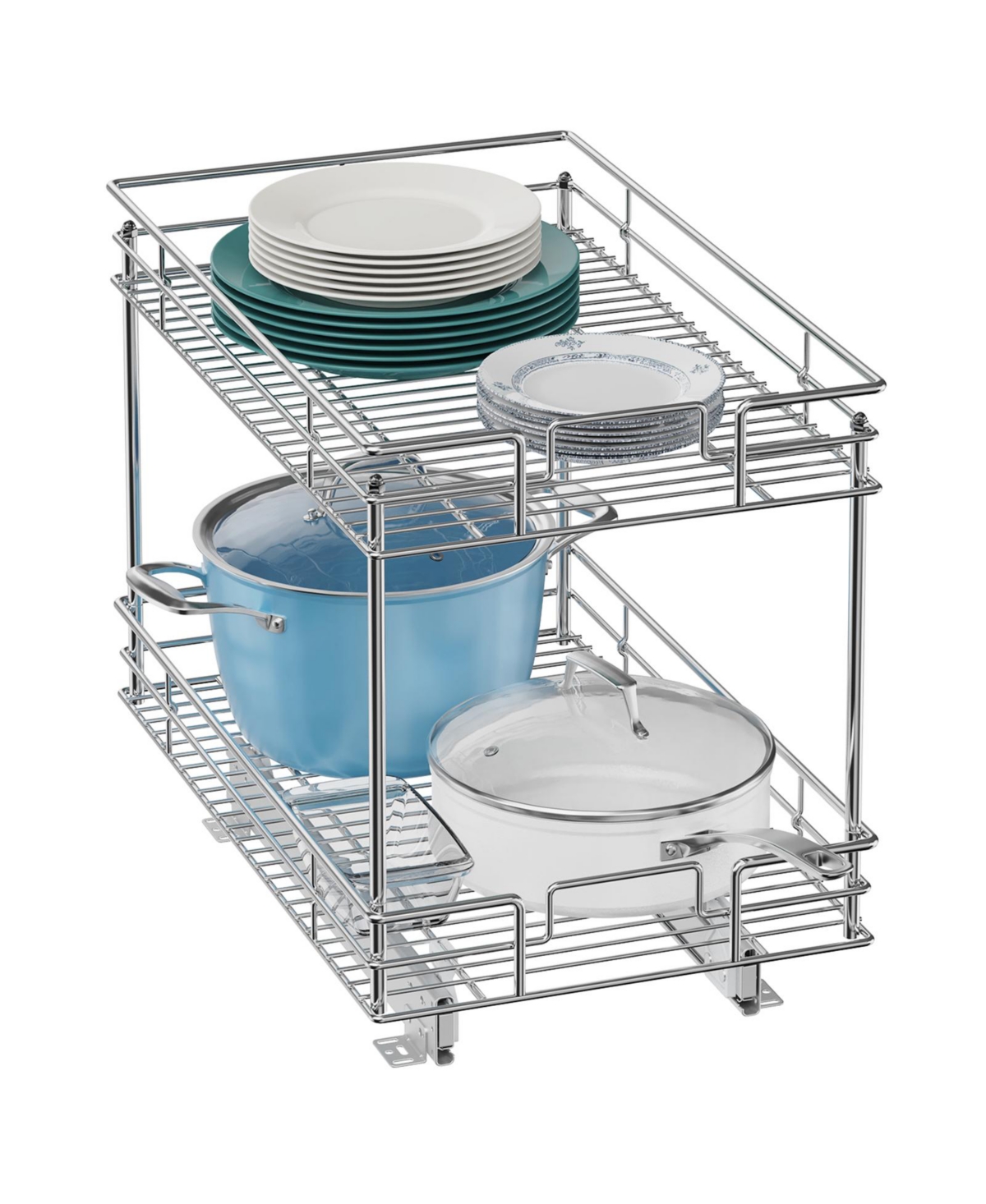 Pull-Out 2 Tier Home Organizers with Sliding Track in the Middle - 21"D x 14"W x 16.4"H Sliver - Silver