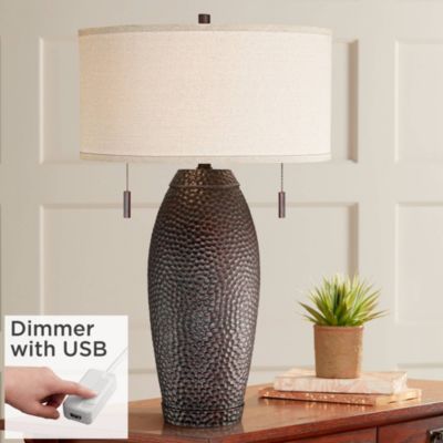 Rustic Farmhouse Vintage Table Lamp with USB Charging Port 31" Tall Bronze Drum Shade Living Room Bedroom House Bedside