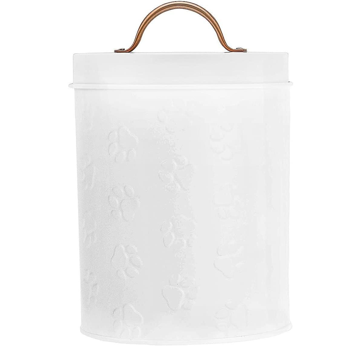 Puppy Paws White Metal Food Canister, Small, Airtight Seal, Removable Lid, and Metal Cooper Handle for Fresh and Stylish Pet Food Storage, 6